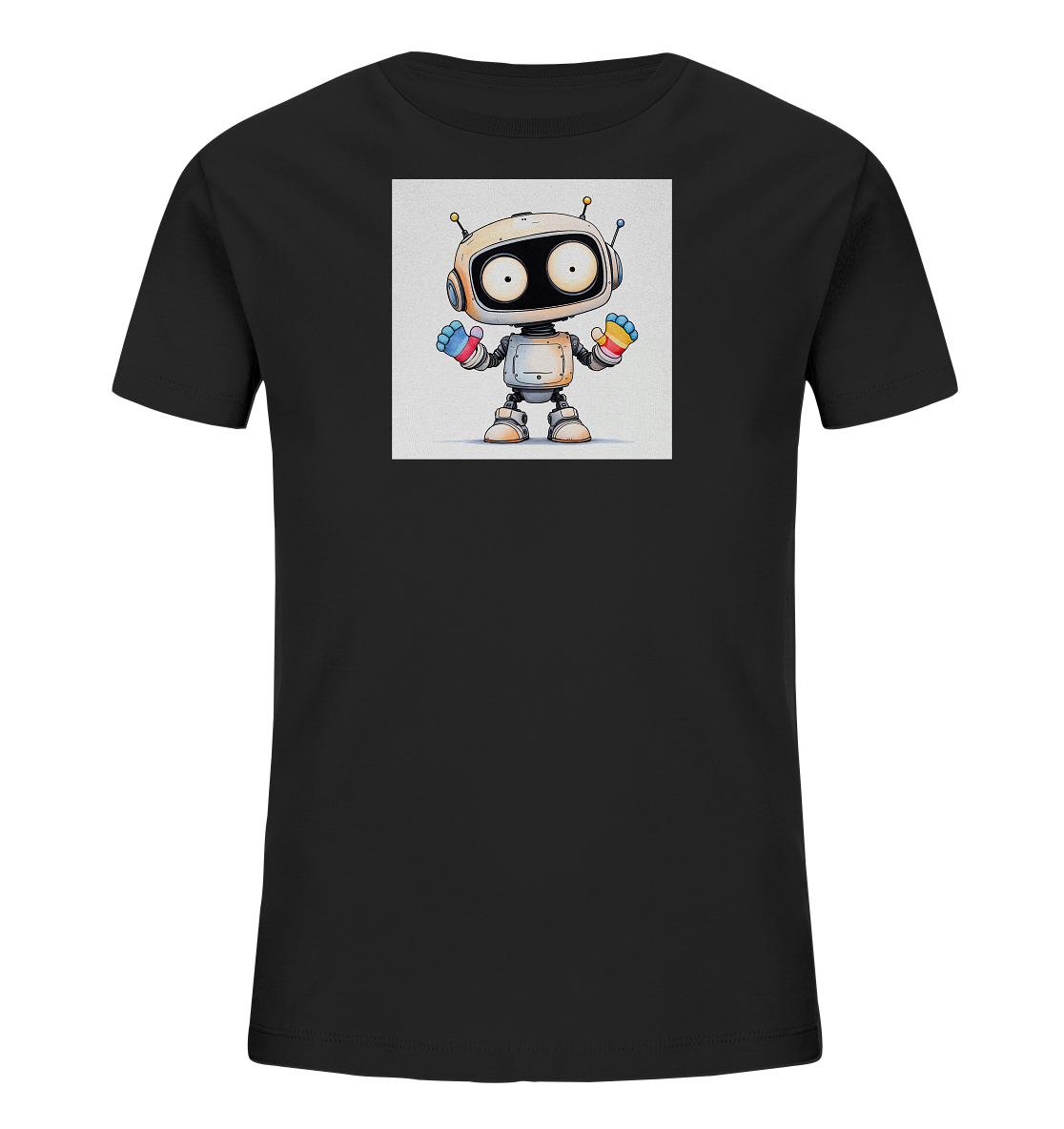 Onlineshop Shirts für Kinder - Das Bild zeigt ein schlichtes, schwarzes T-Shirt für Kinder, auf dessen Vorderseite ein quadratischer Print platziert ist. Der Print zeigt einen freundlichen, cartoonhaften Roboter mit großem, weißem Kopf und großen, runden Augen. Der Roboter hat Antennen und trägt farbige Handschuhe oder Fäustlinge in gestreiften Mustern aus Rot, Gelb und Blau. Das Design ist auf einem hellgrauen bis weißen Hintergrund innerhalb des Prints dargestellt.