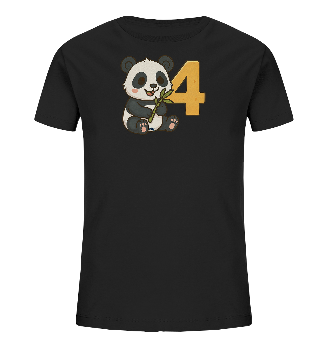 Onlineshop Shirts fuer Kinder - Das Bild zeigt ein schwarzes Kinder-T-Shirt mit einem niedlichen Motiv eines Pandas. Der Panda sitzt aufrecht, haelt einen Bambus in den Pfoten und hat einen freundlichen Ausdruck. Neben dem Panda ist die grosse Zahl '4' in einem warmen Orangeton platziert. Das Design ist verspielt und ansprechend gestaltet.