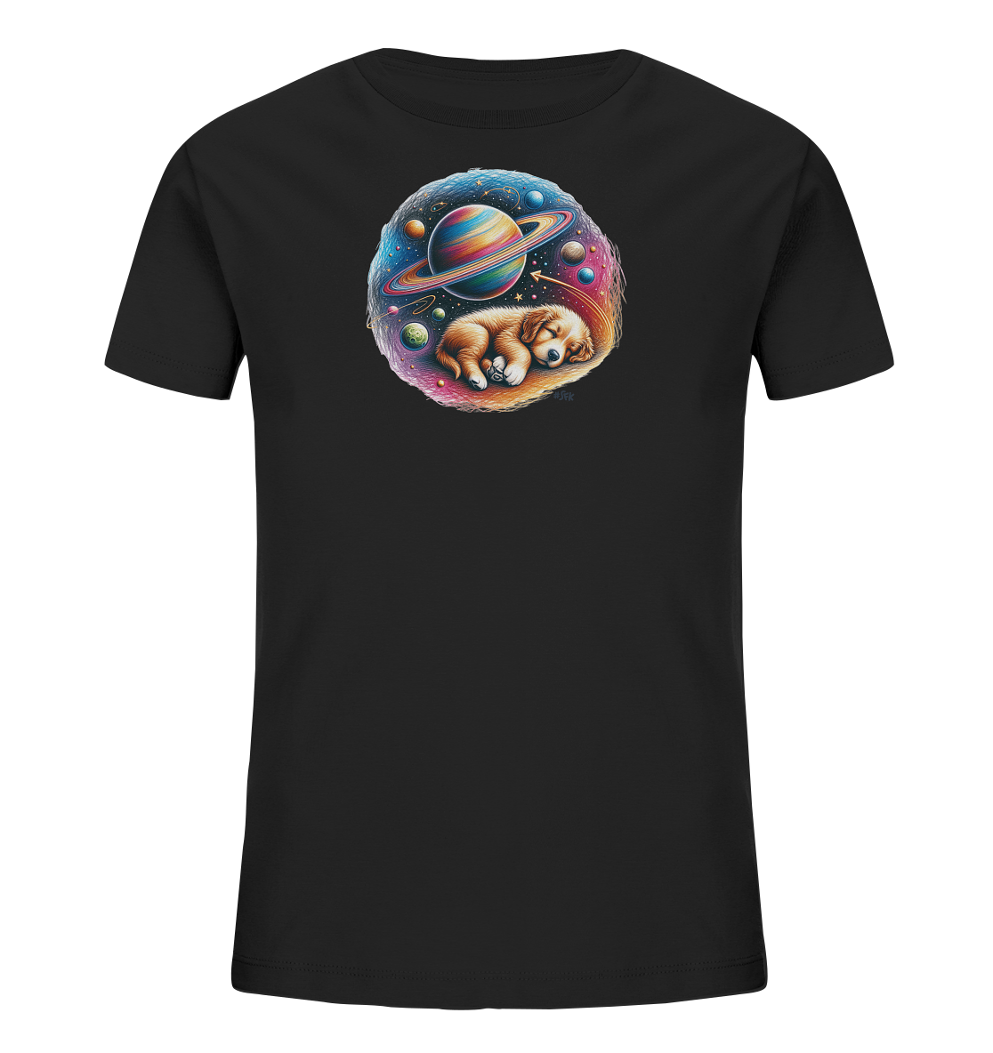 Onlineshop Shirts fuer Kinder - Das schwarze T-Shirt zeigt einen runden Aufdruck auf der Vorderseite. Im Zentrum des Motivs schlaeft ein kleiner Welpe, umgeben von einer bunten Weltraumlandschaft. Planeten, Sterne und lebendige Farben schaffen ein vertraeumtes und detailreiches Bild.