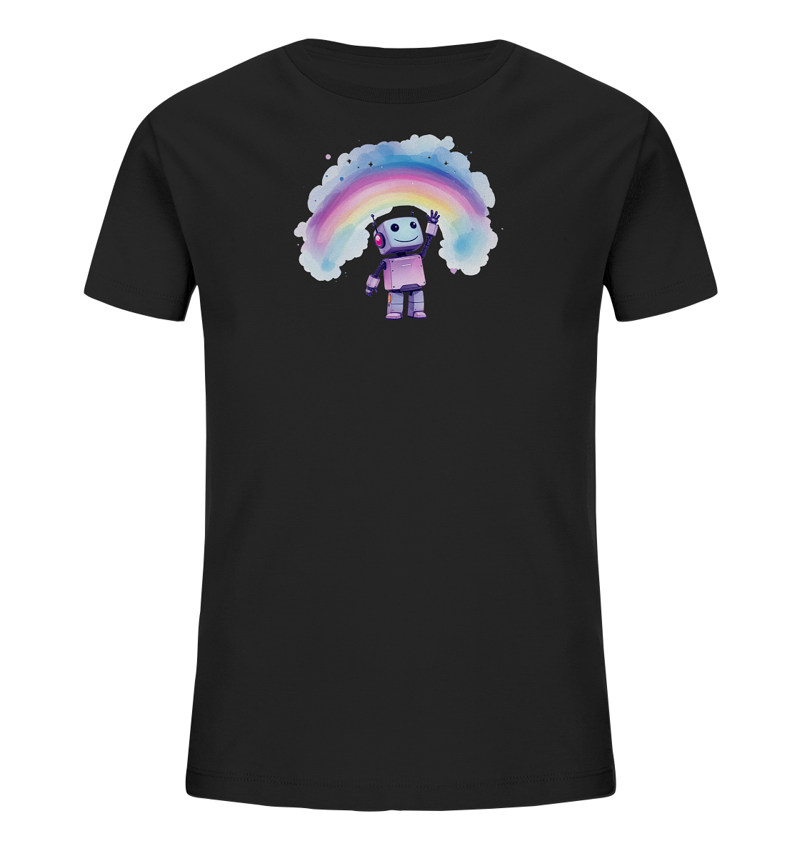 Onlineshop Shirts für Kinder - Das Bild zeigt ein schwarzes Kinder-T-Shirt mit einem farbenfrohen Druck auf der Vorderseite. Der Druck stellt einen kleinen, freundlichen Roboter in Pink- und Lilatönen dar, der winkt. Hinter dem Roboter befindet sich ein regenbogenförmiges Motiv in einem Aquarell-Stil, umrahmt von weichen Wolken und kleinen Sternen. Dieses Design ist fröhlich und verspielt, ideal für Kinder.