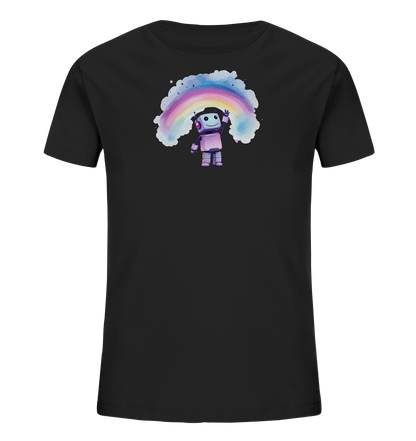Onlineshop Shirts für Kinder - Das Bild zeigt ein schwarzes Kinder-T-Shirt mit einem farbenfrohen Druck auf der Vorderseite. Der Druck stellt einen kleinen, freundlichen Roboter in Pink- und Lilatönen dar, der winkt. Hinter dem Roboter befindet sich ein regenbogenförmiges Motiv in einem Aquarell-Stil, umrahmt von weichen Wolken und kleinen Sternen. Dieses Design ist fröhlich und verspielt, ideal für Kinder.