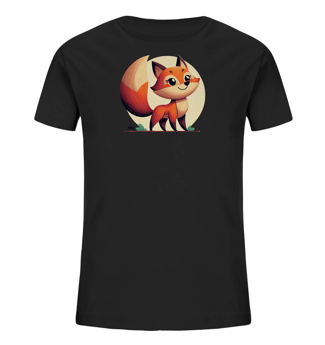 Onlineshop Shirts fuer Kinder - Das Bild zeigt ein schwarzes Kinder T-Shirt mit einem niedlichen Fuchsmotiv auf der Vorderseite. Der cartoonartige Fuchs mit grossem buschigem Schwanz steht auf einer gruenen Linie vor einem hellen Kreis. Der Fuchs blickt nach vorne und laechelt, was dem Design einen freundlichen Charakter verleiht.