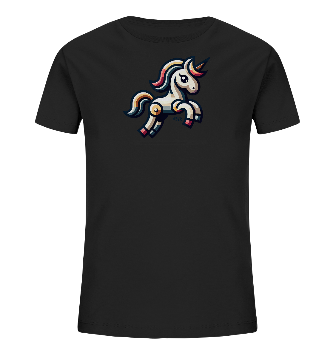 Onlineshop Shirts fuer Kinder - Das Bild zeigt ein schwarzes Kinder-T-Shirt mit einem farbenfrohen Einhorn-Motiv auf der Vorderseite. Das Einhorn ist in einem grafischen Stil dargestellt und steht auf seinen Hinterlaeufen. Es zeigt Details wie Maehne, Schweif und ein Horn in verschiedenen Farben. Das Design wirkt verspielt und ansprechend.