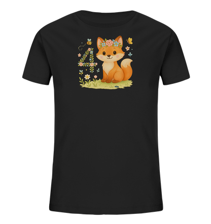 Onlineshop Shirts fuer Kinder - Das Bild zeigt ein schwarzes T-Shirt fuer Kinder mit einem farbigen Aufdruck auf der Vorderseite. Der Aufdruck zeigt einen niedlichen Fuchs, der auf einer Wiese sitzt und einen Blumenkranz traegt. Links neben dem Fuchs ist die Zahl '4' kunstvoll mit floralen Elementen und einer Biene gestaltet. Schmetterlinge und Blumen vervollstaendigen das verspielte Motiv.