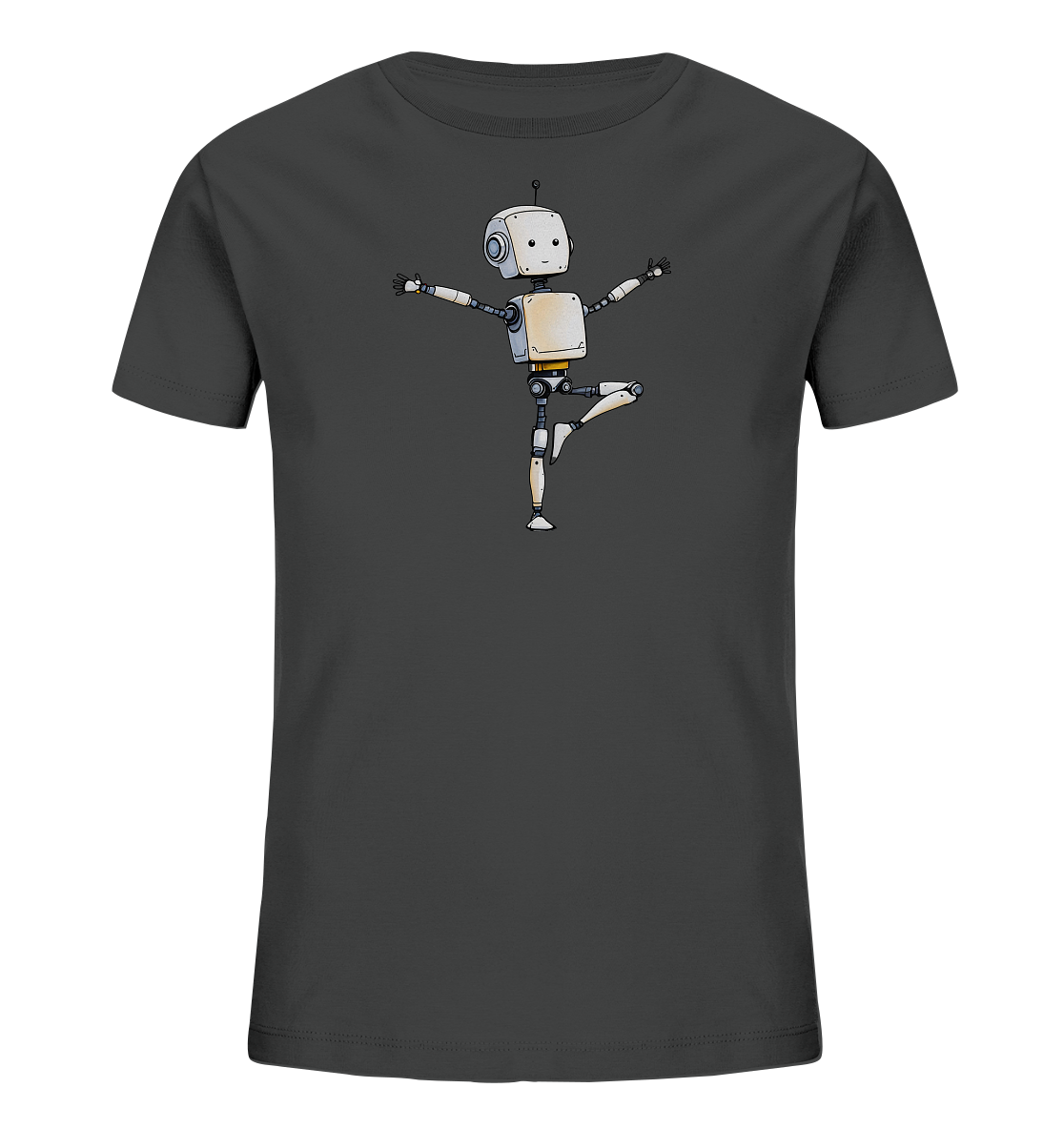 Onlineshop Shirts für Kinder - Das Bild zeigt ein dunkelgraues Kinder-T-Shirt mit einer zentralen Grafik auf der Vorderseite. Abgebildet ist ein kleiner, freundlich aussehender Roboter in einer dynamischen Pose. Der Roboter balanciert auf einem Bein, die Arme sind weit ausgestreckt, als würde er tanzen oder eine Figur machen. Die Illustration ist im Comic-Stil gehalten und verleiht dem Shirt einen verspielten Charakter.