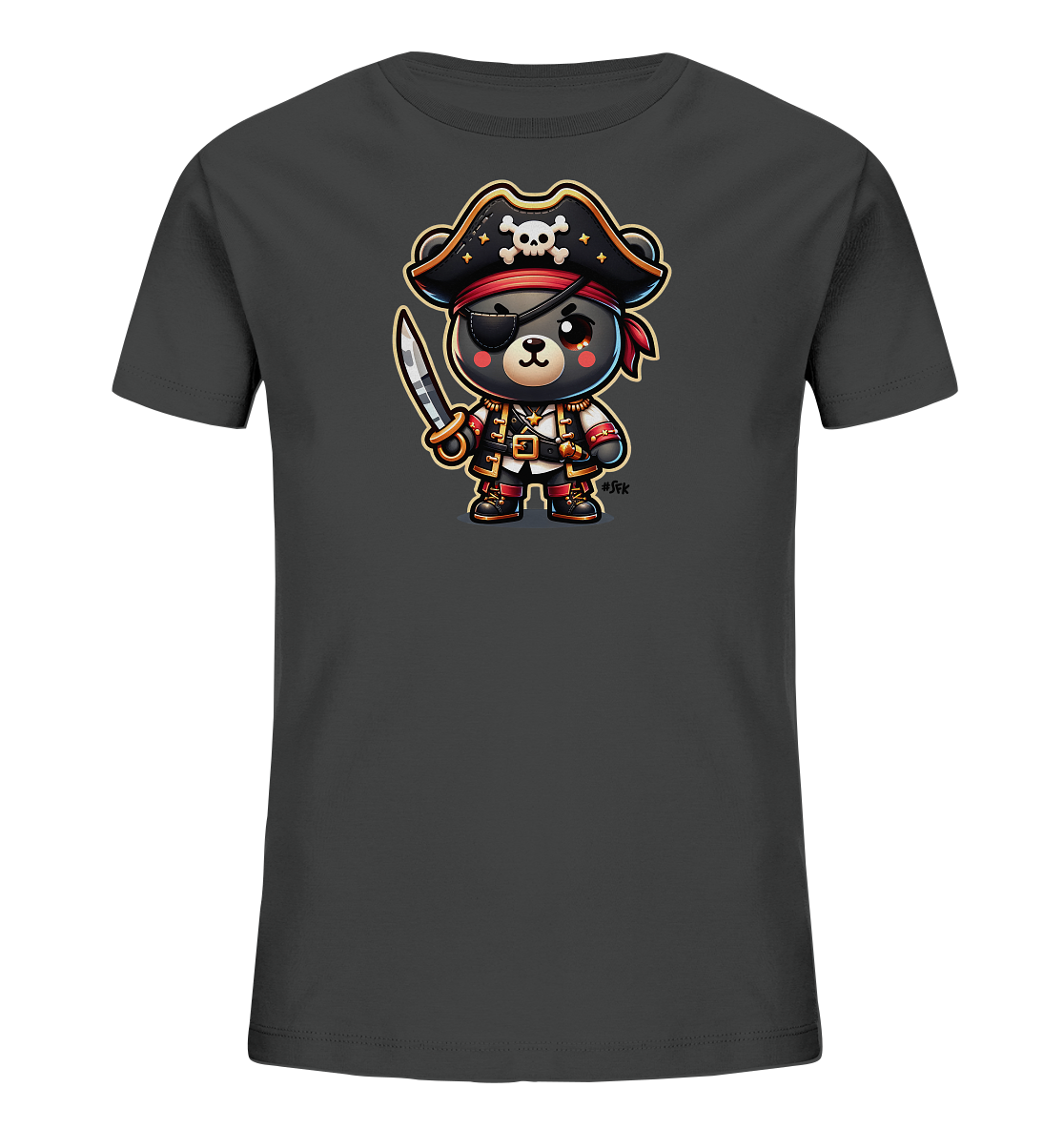 Onlineshop Shirts fuer Kinder - Das Bild zeigt ein dunkelgraues (anthrazitfarbenes) Kinder-T-Shirt mit einem verspielten Motiv eines Baeren im Piratenkostuem. Der Baer traegt einen Piratenhut mit Totenkopf, eine Augenklappe und haelt einen Saebel in der Hand. Die detailreiche Illustration in kraeftigen Farben verleiht dem Shirt einen abenteuerlichen Look.