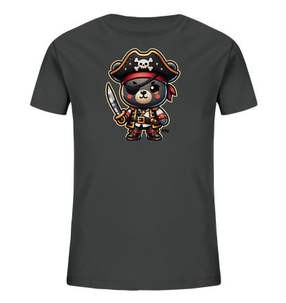 Onlineshop Shirts fuer Kinder - Das Bild zeigt ein dunkelgraues (anthrazitfarbenes) Kinder-T-Shirt mit einem verspielten Motiv eines Baeren im Piratenkostuem. Der Baer traegt einen Piratenhut mit Totenkopf, eine Augenklappe und haelt einen Saebel in der Hand. Die detailreiche Illustration in kraeftigen Farben verleiht dem Shirt einen abenteuerlichen Look.