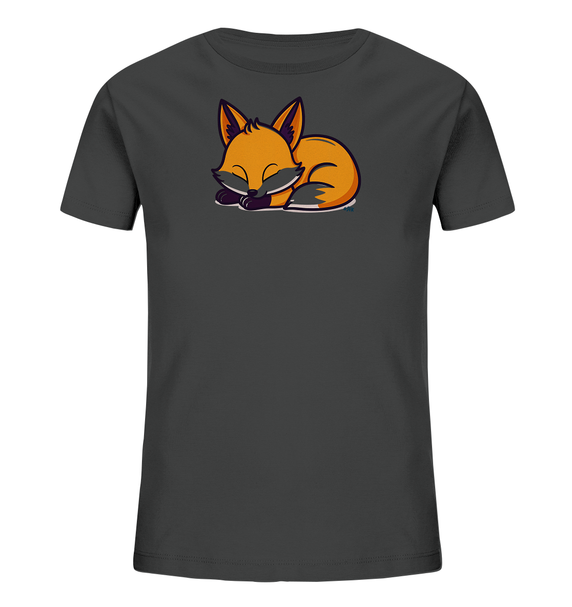 Onlineshop Shirts fuer Kinder - Das Bild zeigt ein dunkelgraues Kinder-T-Shirt mit einem niedlichen Fuchsmotiv auf der Vorderseite. Der Fuchs ist orangefarben und liegt zusammengerollt da, mit geschlossenen Augen, als wuerde er schlafen. Das Design wirkt ruhig und ansprechend fuer Kinder.