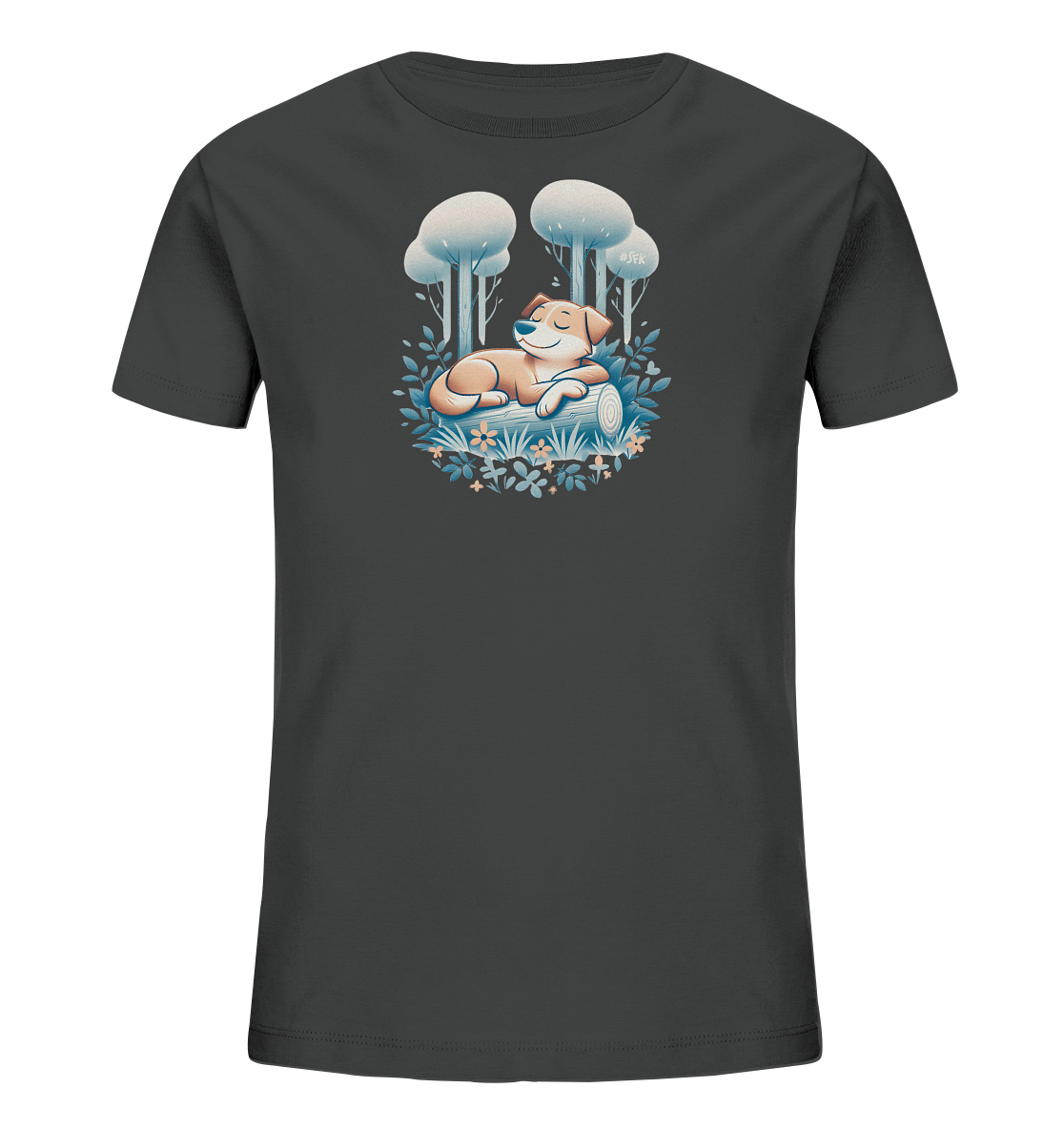 Onlineshop Shirts fuer Kinder - Das Bild zeigt ein dunkles T-Shirt mit einer Illustration eines entspannt schlafenden Hundes. Der Hund liegt auf einem Baumstamm, umgeben von stilisierten Baeumen, Straeuchern und kleinen Blumen. Die Grafik ist in sanften, erdigen und blauen Farbtoenen gehalten und wirkt ruhig und naturverbunden. Das Motiv strahlt Gelassenheit und Gemuetlichkeit aus.