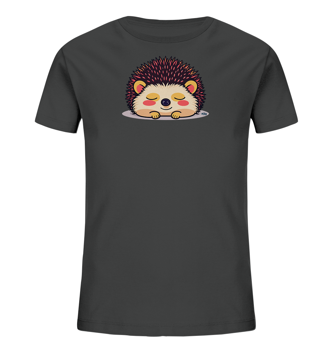 Onlineshop Shirts fuer Kinder - Das Bild zeigt ein dunkelgraues T-Shirt mit einem niedlichen Igel-Motiv auf der Vorderseite. Der Igel ist schlafend dargestellt, mit geschlossenen Augen und einem freundlichen Ausdruck. Seine Stacheln sind dunkel mit roetlichen Spitzen, waehrend sein Gesicht und die Pfoten hellbraun sind. Das ruhige und farbenfrohe Design ist ideal fuer Kinder.