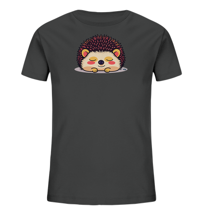 Onlineshop Shirts fuer Kinder - Das Bild zeigt ein dunkelgraues T-Shirt mit einem niedlichen Igel-Motiv auf der Vorderseite. Der Igel ist schlafend dargestellt, mit geschlossenen Augen und einem freundlichen Ausdruck. Seine Stacheln sind dunkel mit roetlichen Spitzen, waehrend sein Gesicht und die Pfoten hellbraun sind. Das ruhige und farbenfrohe Design ist ideal fuer Kinder.
