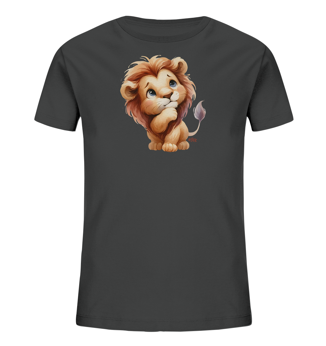 Kinder T-Shirt mit nachdenklichem Cartoon-Löwen und großen blauen Augen