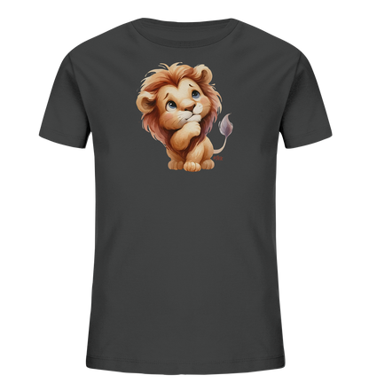 Kinder T-Shirt mit nachdenklichem Cartoon-Löwen und großen blauen Augen