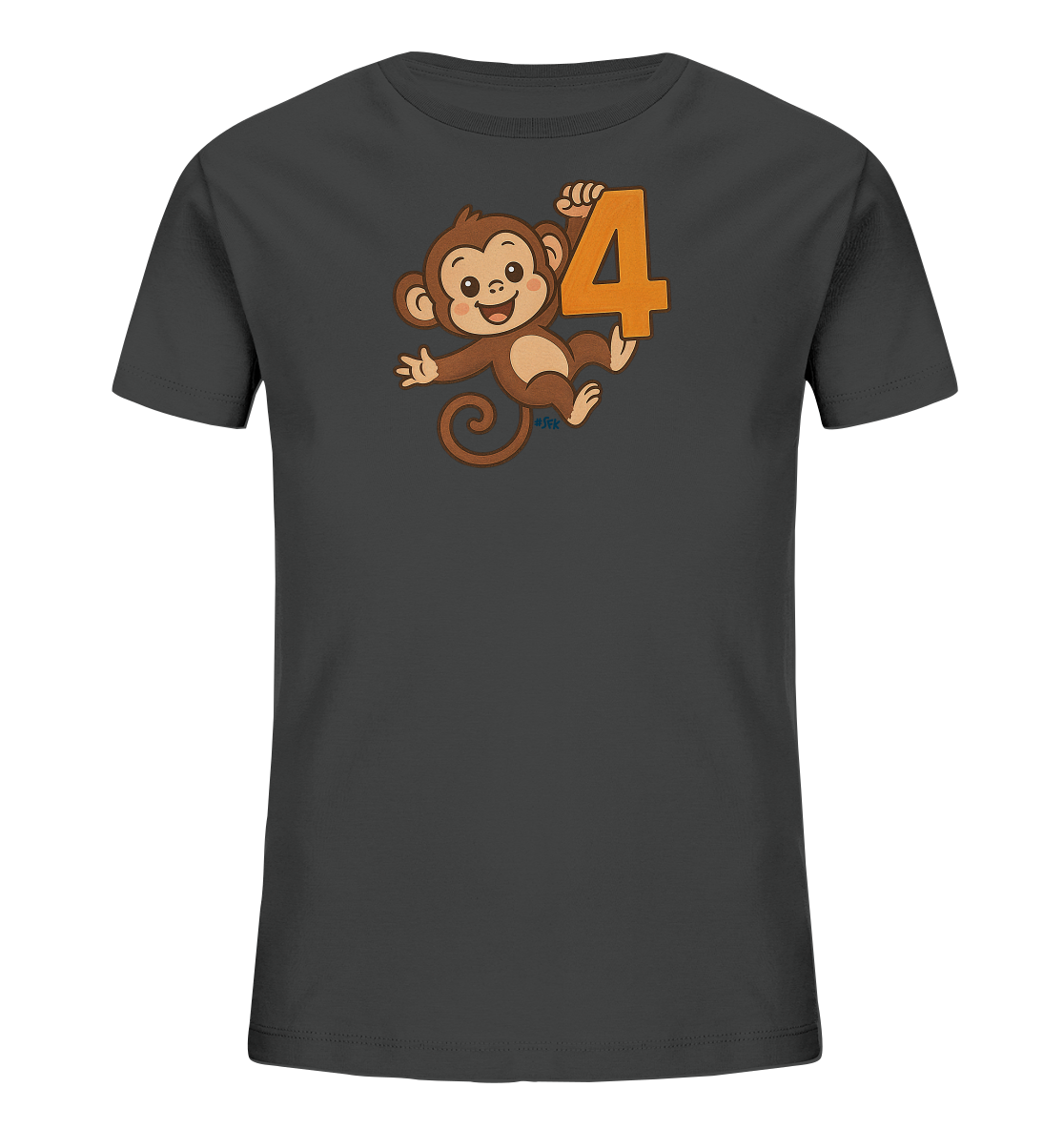 Onlineshop Shirts fuer Kinder - Das Bild zeigt ein dunkelgraues T-Shirt fuer Kinder mit einem froehlichen Motiv. Ein cartoonartiger, brauner Affe haelt die grosse, orangefarbene Zahl Vier. Der Affe hat ein laechelndes Gesicht und eine dynamische Pose. Das Design wirkt spielerisch und ansprechend.