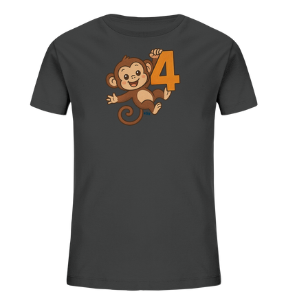Onlineshop Shirts fuer Kinder - Das Bild zeigt ein dunkelgraues T-Shirt fuer Kinder mit einem froehlichen Motiv. Ein cartoonartiger, brauner Affe haelt die grosse, orangefarbene Zahl Vier. Der Affe hat ein laechelndes Gesicht und eine dynamische Pose. Das Design wirkt spielerisch und ansprechend.