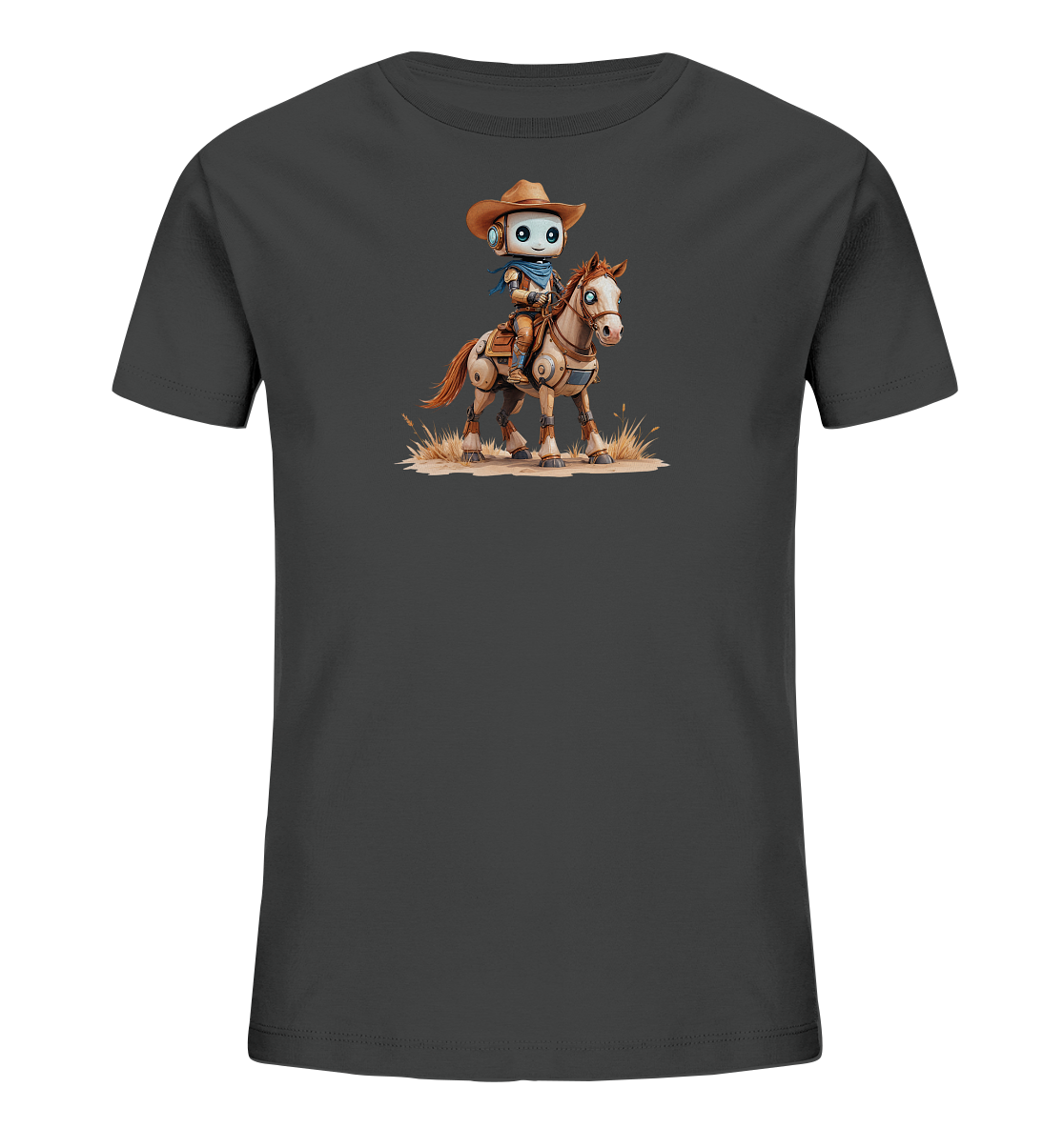 Onlineshop Shirts für Kinder - Das Bild zeigt ein dunkles, wahrscheinlich graues oder anthrazitfarbenes T-Shirt für Kinder. Auf der Vorderseite ist eine farbige Illustration eines Roboters im Cowboy-Outfit abgebildet. Der Roboter mit Cowboyhut und blauem Halstuch sitzt auf einem mechanisch aussehenden Pferd, das auf trockenem Boden steht. Die detailreiche Grafik mit dem verspielten Western-Motiv verleiht dem Shirt einen einzigartigen und abenteuerlichen Look.