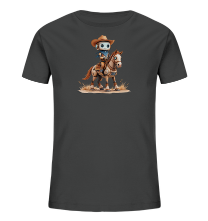 Onlineshop Shirts für Kinder - Das Bild zeigt ein dunkles, wahrscheinlich graues oder anthrazitfarbenes T-Shirt für Kinder. Auf der Vorderseite ist eine farbige Illustration eines Roboters im Cowboy-Outfit abgebildet. Der Roboter mit Cowboyhut und blauem Halstuch sitzt auf einem mechanisch aussehenden Pferd, das auf trockenem Boden steht. Die detailreiche Grafik mit dem verspielten Western-Motiv verleiht dem Shirt einen einzigartigen und abenteuerlichen Look.