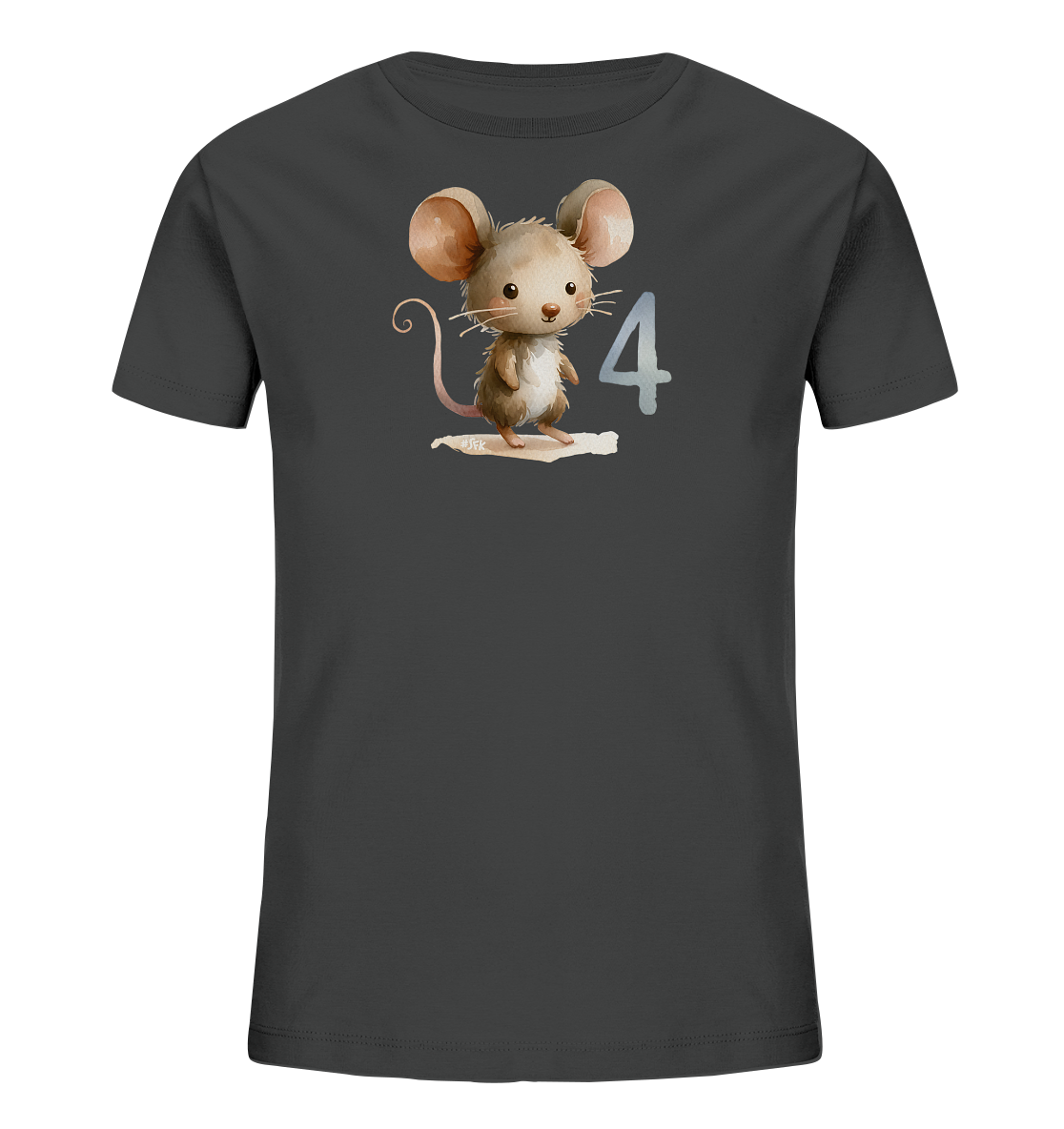 Onlineshop Shirts fuer Kinder - Das Bild zeigt ein dunkelgraues T-Shirt mit einem niedlichen Motiv. Eine freundlich laechelnde, hellbraune Maus mit grossen Ohren steht im Vordergrund. Neben der Maus ist die Zahl '4' in einem hellblauen Farbton abgebildet. Das Design ist einfach und ansprechend fuer Kinder.
