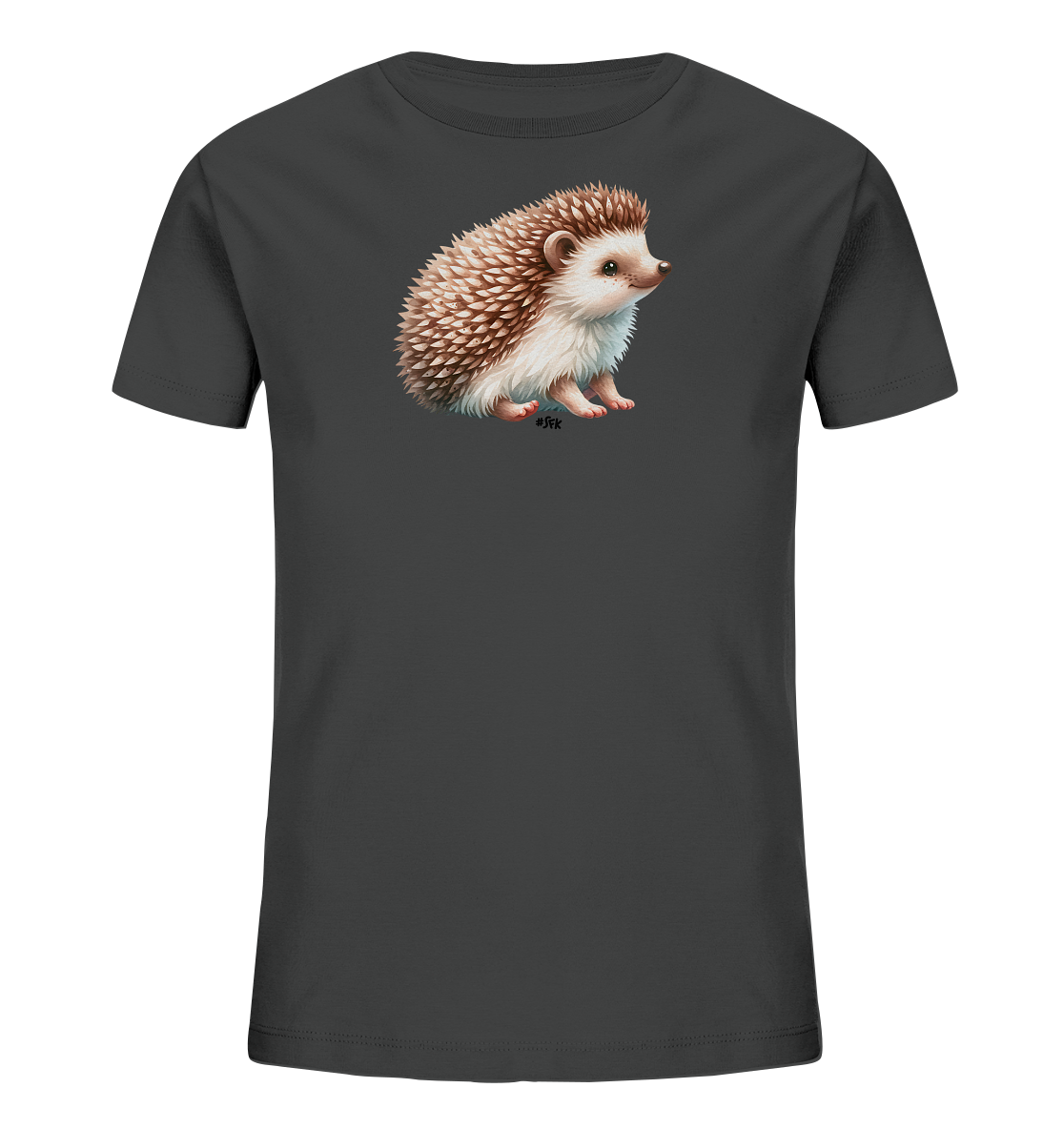 Onlineshop Shirts fuer Kinder - Dieses Bild zeigt ein dunkelgraues T-Shirt, speziell fuer Kinder. Auf der Vorderseite ist eine detaillierte und realistische Darstellung eines Igels zu sehen. Der Igel sitzt aufrecht und sein Fell sowie seine Stacheln sind in Brauntoenen und Weiss gehalten. Dieses Design ist ein Hingucker fuer Tierliebhaber.