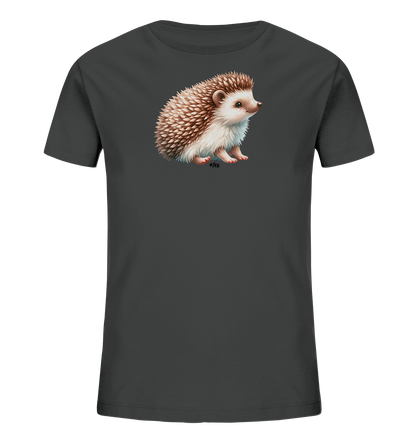 Onlineshop Shirts fuer Kinder - Dieses Bild zeigt ein dunkelgraues T-Shirt, speziell fuer Kinder. Auf der Vorderseite ist eine detaillierte und realistische Darstellung eines Igels zu sehen. Der Igel sitzt aufrecht und sein Fell sowie seine Stacheln sind in Brauntoenen und Weiss gehalten. Dieses Design ist ein Hingucker fuer Tierliebhaber.