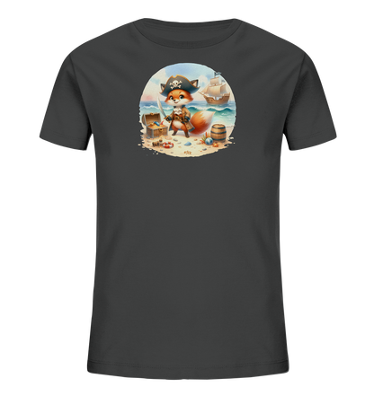 Onlineshop Shirts fuer Kinder - Das Bild zeigt ein dunkelgraues Kinder-T-Shirt mit einem ovalen Print auf der Vorderseite. Das Motiv zeigt einen niedlichen, als Pirat verkleideten Fuchs mit Schwert auf einem Strand. Im Hintergrund sind das Meer, eine Schatzkiste, ein Fass und ein Segelschiff zu sehen. Der Druck hat einen detailreichen und farbenfrohen Cartoon-Stil.