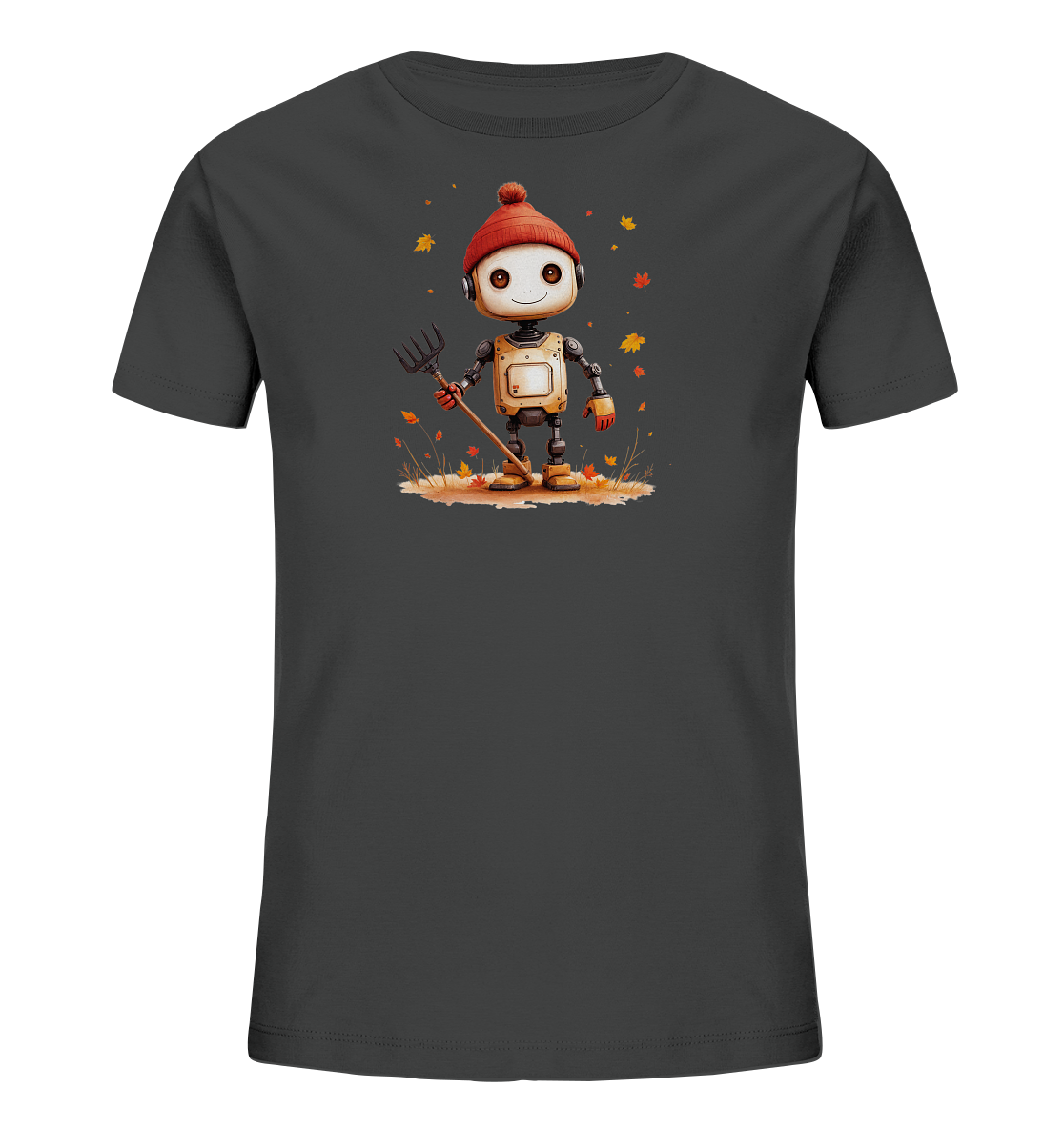 Onlineshop Shirts für Kinder - Das Bild zeigt ein dunkelgraues Kinder-T-Shirt mit einem Druck eines niedlichen Roboters auf der Vorderseite. Der Roboter trägt eine rote Strickmütze und hält eine Heugabel oder einen Rechen. Das Motiv zeigt den Roboter in einer herbstlichen Szene mit fallenden Blättern in warmen Farben wie Orange und Rot. Die Illustration ist detailliert und vermittelt eine fröhliche, saisonale Atmosphäre.