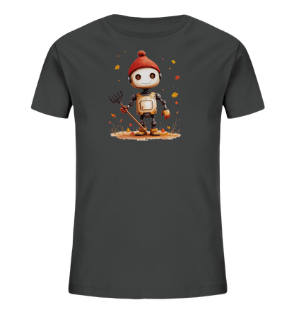Onlineshop Shirts für Kinder - Das Bild zeigt ein dunkelgraues Kinder-T-Shirt mit einem Druck eines niedlichen Roboters auf der Vorderseite. Der Roboter trägt eine rote Strickmütze und hält eine Heugabel oder einen Rechen. Das Motiv zeigt den Roboter in einer herbstlichen Szene mit fallenden Blättern in warmen Farben wie Orange und Rot. Die Illustration ist detailliert und vermittelt eine fröhliche, saisonale Atmosphäre.