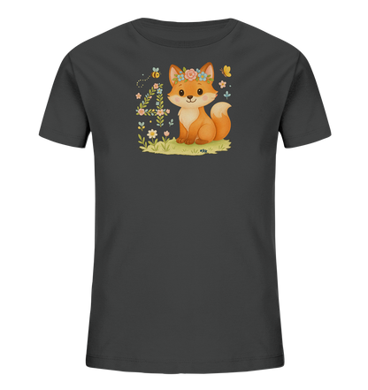 Onlineshop Shirts fuer Kinder - Das T-Shirt ist in einem dunklen Grau gehalten und zeigt ein niedliches Fuchsmotiv auf der Vorderseite. Der Fuchs traegt einen Blumenkranz auf dem Kopf und sitzt in einer Wiese voller bunter Blumen. Links vom Fuchs ist eine grosse '4' aus floralen Elementen geformt, begleitet von einer Biene und einem Schmetterling. Das Design wirkt froehlich und naturverbunden.