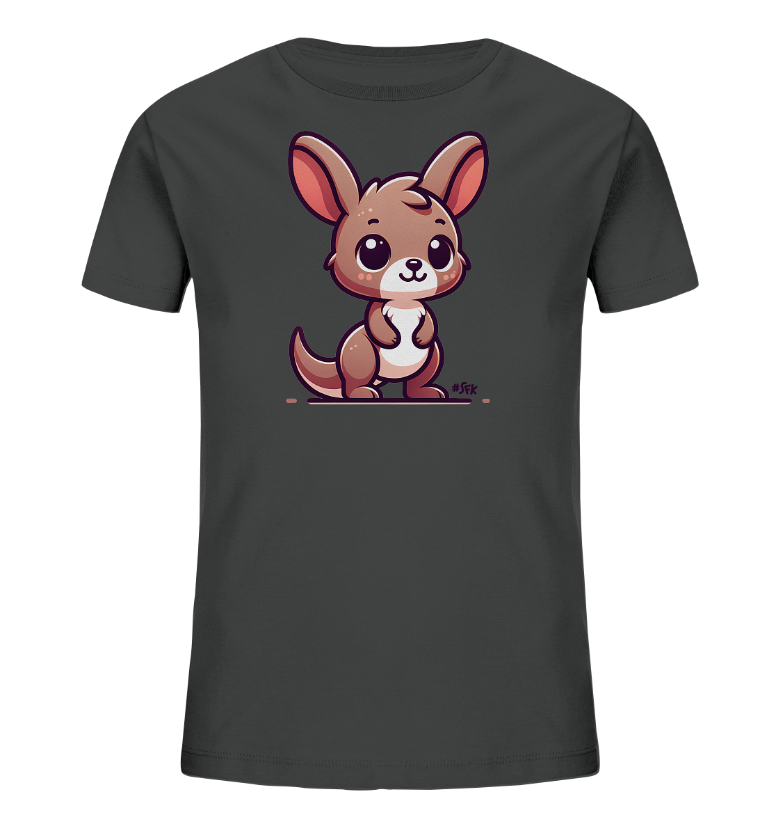 Onlineshop Shirts fuer Kinder - Das Bild zeigt ein dunkelgraues T-Shirt fuer Kinder mit einer niedlichen Illustration eines Kaengurus. Das Kaenguru ist im Cartoon-Stil gezeichnet, hat grosse Augen und Ohren und steht aufrecht. Die Darstellung ist freundlich und detailreich.