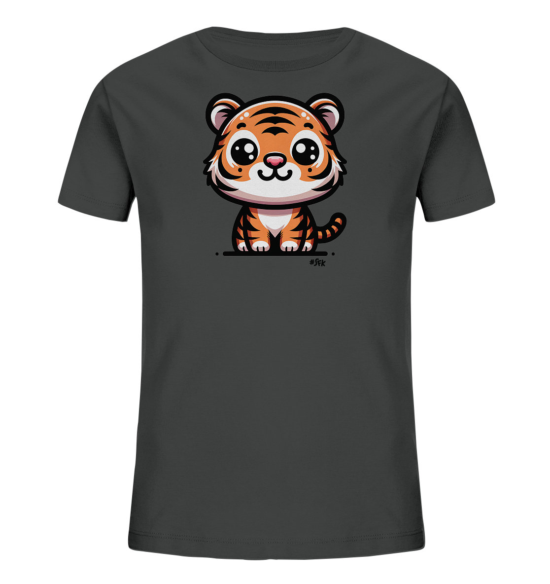 Onlineshop Shirts fuer Kinder - Das Bild zeigt ein dunkelgraues T-Shirt fuer Kinder mit einer niedlichen Illustration. Abgebildet ist ein kleiner, cartoonhafter Tigerwelpe mit grossen, glaenzenden Augen und charakteristischen orange-schwarzen Streifen. Der Tiger sitzt frontal auf einer Linie und hat einen freundlichen Ausdruck. Das Design wirkt verspielt und ansprechend.