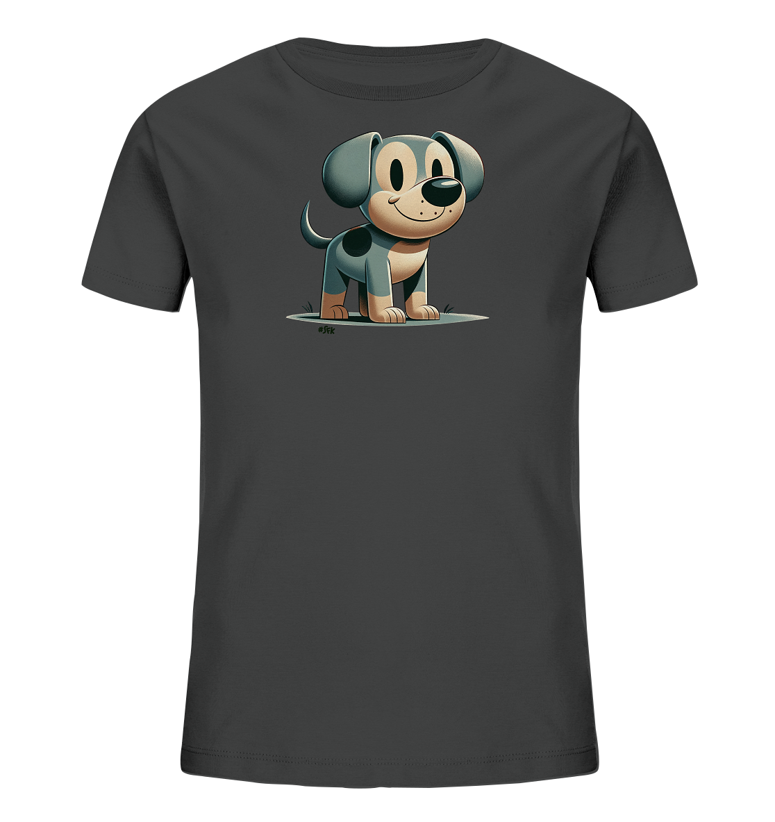 Onlineshop Shirts fuer Kinder - Das Bild zeigt ein dunkelgraues T-Shirt mit einem niedlichen Cartoon-Hund auf der Vorderseite. Der Hund hat blau-graues Fell mit dunklen Flecken und sitzt auf einer kleinen gruenen Flaeche. Er blickt freundlich laechelnd nach vorne. Dieses Design verleiht dem Shirt einen verspielten Touch.