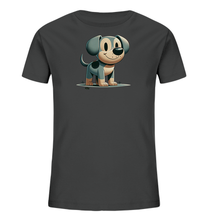 Onlineshop Shirts fuer Kinder - Das Bild zeigt ein dunkelgraues T-Shirt mit einem niedlichen Cartoon-Hund auf der Vorderseite. Der Hund hat blau-graues Fell mit dunklen Flecken und sitzt auf einer kleinen gruenen Flaeche. Er blickt freundlich laechelnd nach vorne. Dieses Design verleiht dem Shirt einen verspielten Touch.