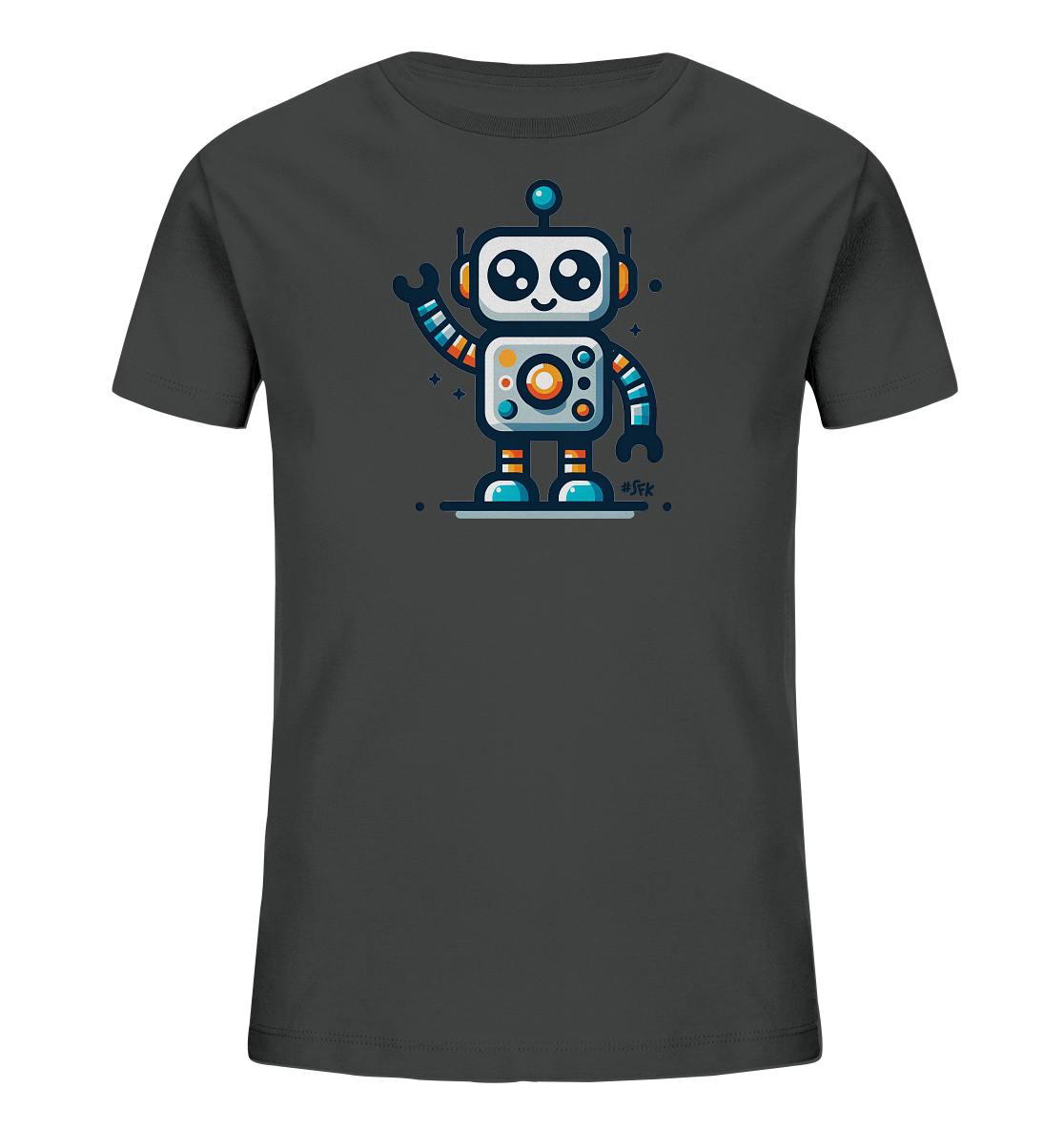 Onlineshop Shirts fuer Kinder - Das Bild zeigt ein dunkelgraues T-Shirt mit einem bunten Roboter-Motiv auf der Vorderseite. Der freundliche Cartoon-Roboter hat grosse Augen, orangefarbene Ohren und bunte Details an Armen und Koerper. Er steht auf einer Linie und hebt eine Hand zum Winken. Das Design ist froehlich und ansprechend fuer Kinder.
