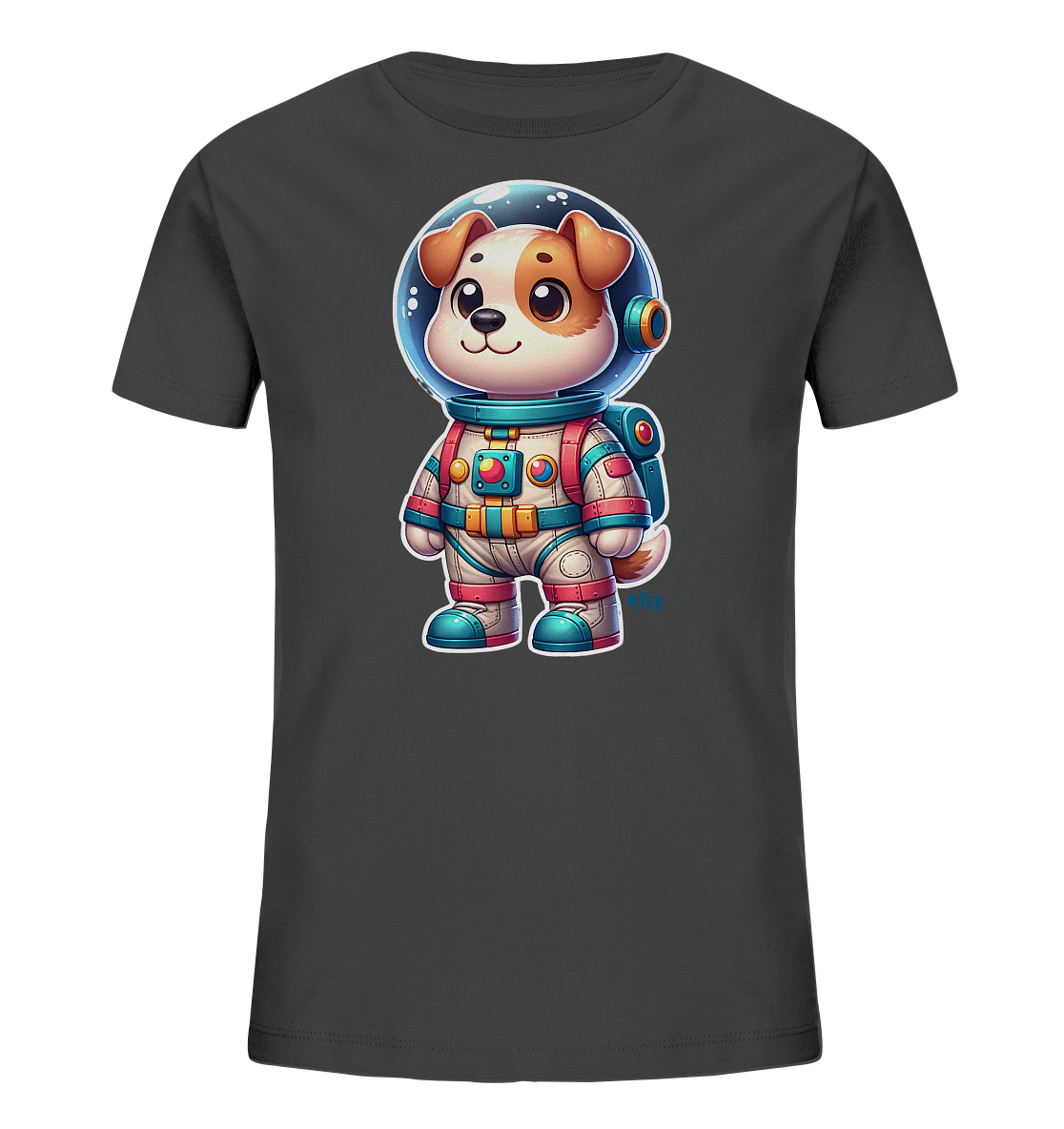 Onlineshop Shirts fuer Kinder - Dieses dunkle T-Shirt zeigt eine bezaubernde Grafik eines Cartoon-Hundes in einem detaillierten Astronautenanzug. Der Hund traegt einen klaren Helm und einen farbenfrohen Raumanzug mit blauen, roten und gelben Akzenten. Sein freundliches Laecheln und die grossen Augen verleihen dem Design einen verspielten Charakter. Es ist ein lustiges Motiv fuer Weltraum-Fans.