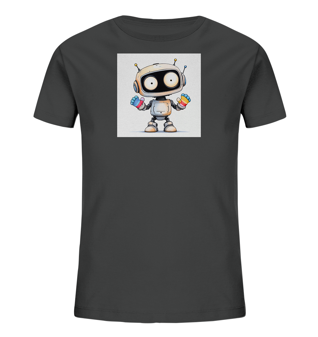 Onlineshop Shirts für Kinder - Das Bild zeigt ein dunkelgraues, kurzärmeliges T-Shirt für Kinder. Auf der Vorderseite ist zentral eine Illustration eines freundlich aussehenden Roboters platziert. Der Roboter ist weiß und hat große, runde Augen sowie Antennen auf dem Kopf. Seine Hände sind in bunten Streifen (Blau, Gelb, Rot) gehalten, was einen verspielten Akzent setzt und dem T-Shirt einen fröhlichen Charakter verleiht.