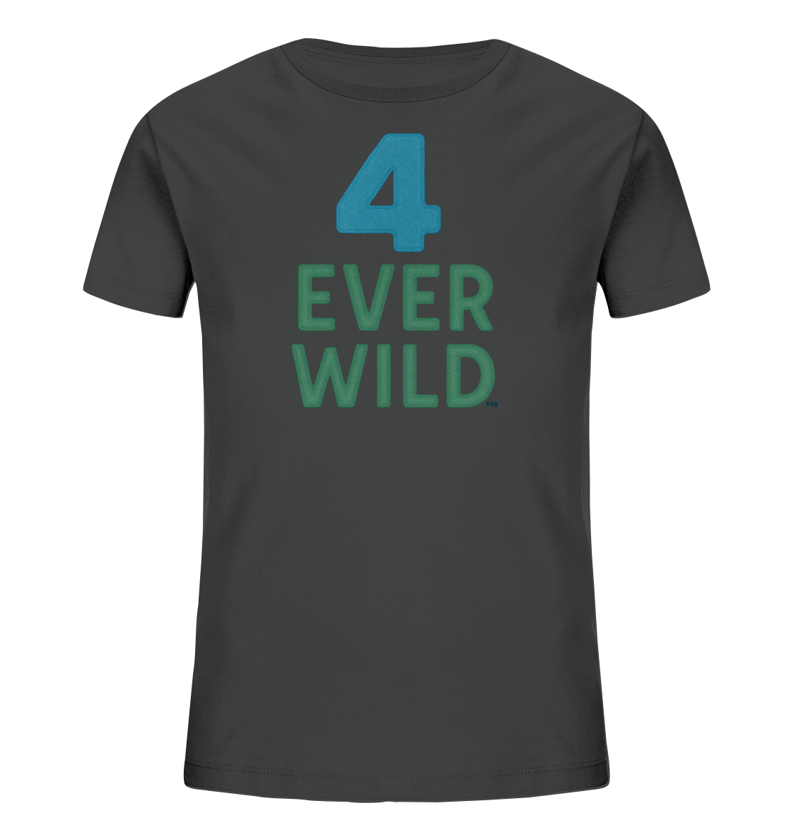 Onlineshop Shirts fuer Kinder - Das Bild zeigt ein dunkelgraues T-Shirt fuer Kinder. Auf der Vorderseite ist eine grosse blaue Zahl '4' zu sehen. Darunter stehen die Worte 'EVER WILD' in gruener Farbe, die leicht texturiert erscheinen. Das Design ist schlicht und grafisch.
