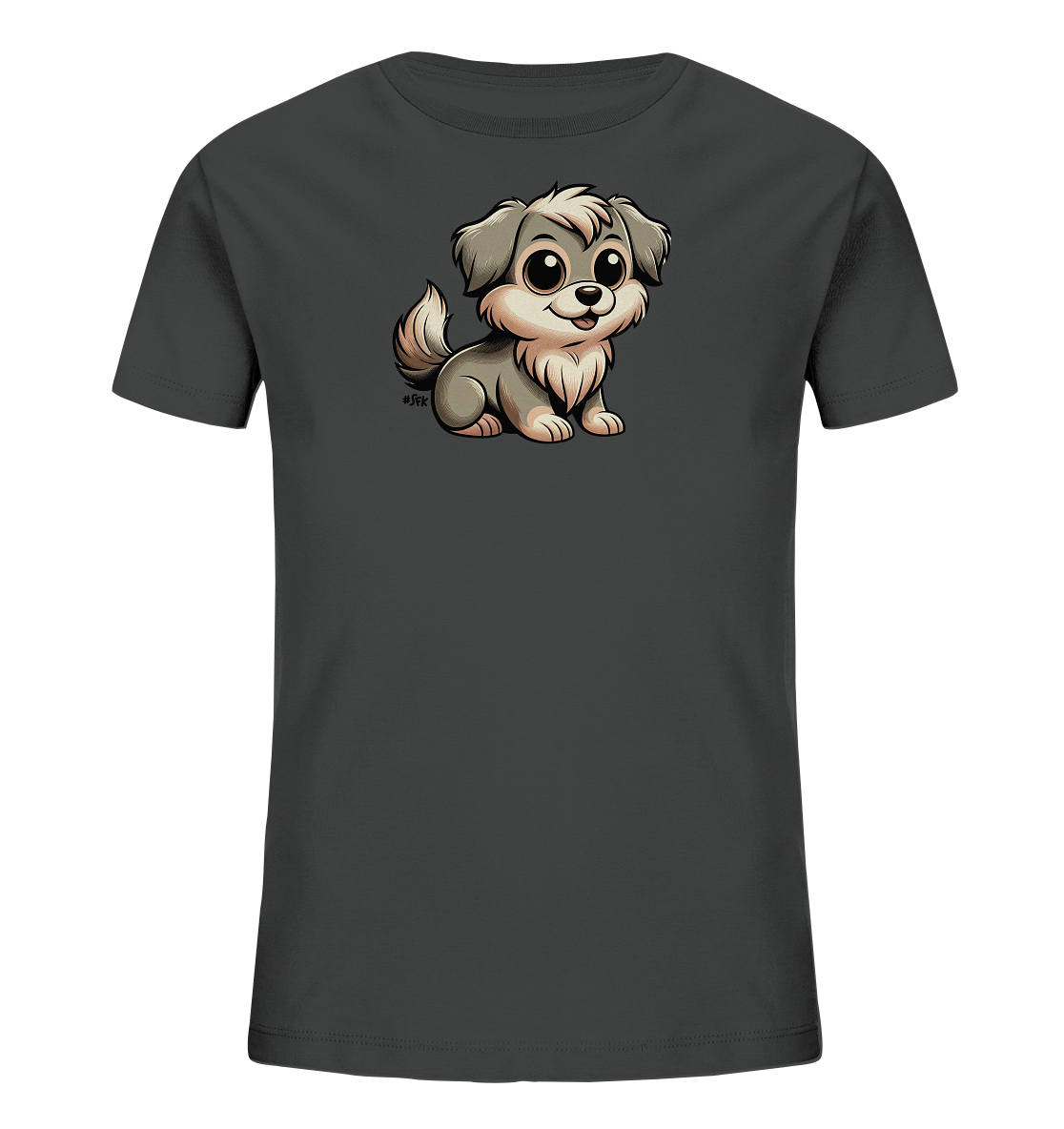 Onlineshop Shirts fuer Kinder - Das Bild zeigt ein dunkelgraues Kinder-T-Shirt auf schwarzem Hintergrund. Auf der Vorderseite ist eine niedliche, cartoonhafte Illustration eines kleinen Hundes. Der Hund hat grosse Augen, helles Fell und ein freundliches Laecheln im Gesicht. Er sitzt in einer aufrechten Position und blickt nach vorne.