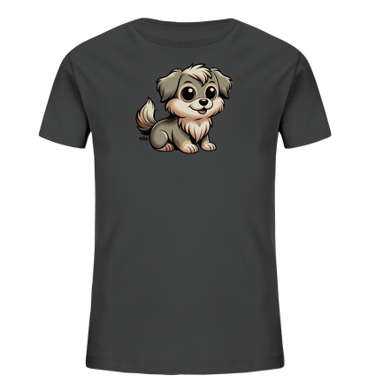 Onlineshop Shirts fuer Kinder - Das Bild zeigt ein dunkelgraues Kinder-T-Shirt auf schwarzem Hintergrund. Auf der Vorderseite ist eine niedliche, cartoonhafte Illustration eines kleinen Hundes. Der Hund hat grosse Augen, helles Fell und ein freundliches Laecheln im Gesicht. Er sitzt in einer aufrechten Position und blickt nach vorne.