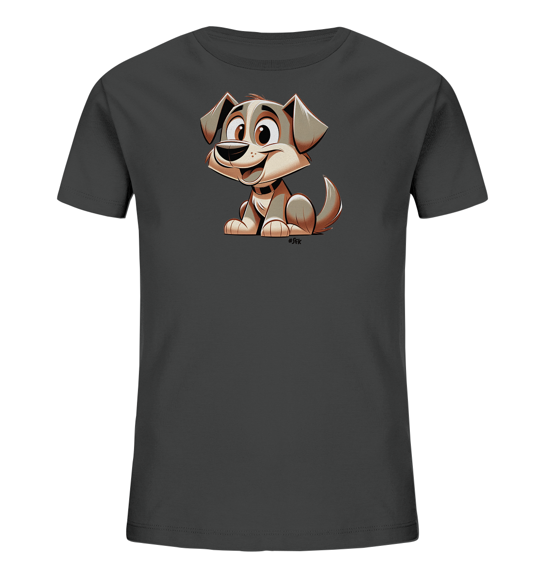 Onlineshop Shirts fuer Kinder - Das Bild zeigt ein dunkelgraues Kinder-T-Shirt mit einer niedlichen Cartoon-Grafik eines Hundes auf der Vorderseite. Der Hund hat grosse, freundliche Augen und ein breites Laecheln und sitzt in einer aufrechten Position. Das Design ist in warmen Braun- und Grautoenen gehalten und verleiht dem Shirt einen verspielten Charakter.