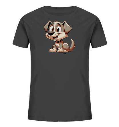 Onlineshop Shirts fuer Kinder - Das Bild zeigt ein dunkelgraues Kinder-T-Shirt mit einer niedlichen Cartoon-Grafik eines Hundes auf der Vorderseite. Der Hund hat grosse, freundliche Augen und ein breites Laecheln und sitzt in einer aufrechten Position. Das Design ist in warmen Braun- und Grautoenen gehalten und verleiht dem Shirt einen verspielten Charakter.