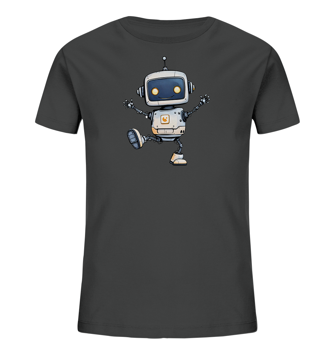 Kinder-T-Shirt mit freundlichem Roboter-Motiv in Cartoon-Optik.