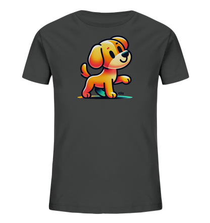 Kinder T-Shirt mit hellbraunem Cartoon-Hund, Lächeln und erhobener Pfote