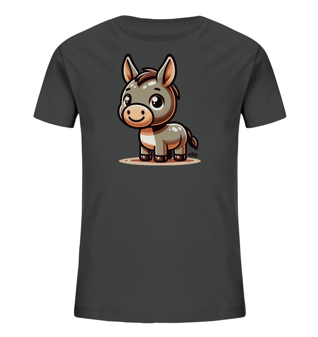 Onlineshop Shirts fuer Kinder - Das Bild zeigt ein anthrazitfarbenes T-Shirt fuer Kinder. Auf der Vorderseite ist eine Illustration eines suessen Cartoon-Esels zu sehen. Der kleine Esel hat grosse Augen und ein freundliches Laecheln und steht auf einem kleinen Stueck Boden. Das Design ist detailliert und hat einen freundlichen, verspielten Stil.
