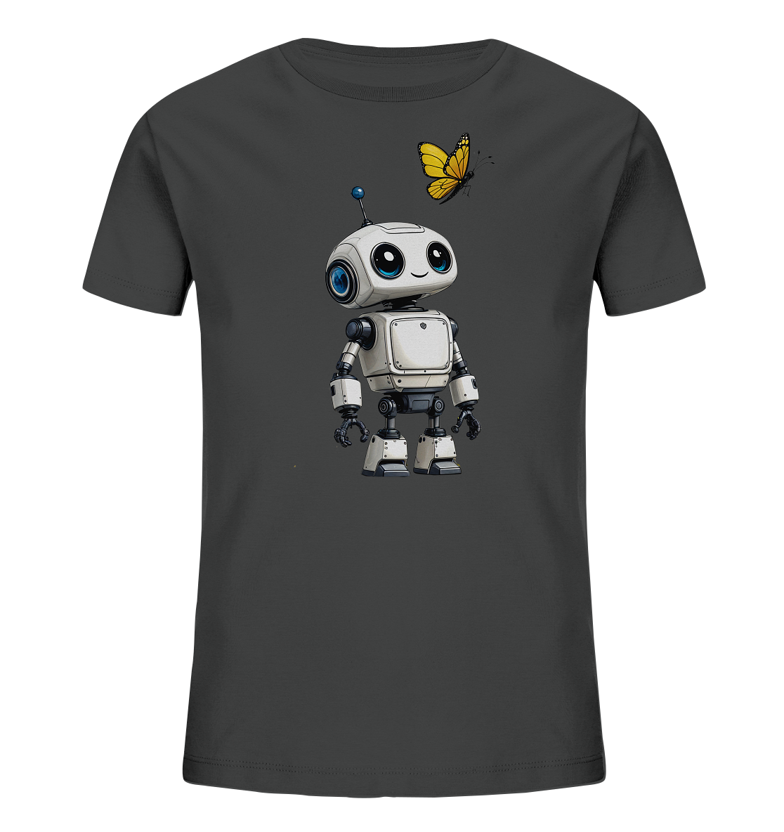Onlineshop Shirts für Kinder - Das Bild zeigt ein dunkelgraues Kinder-T-Shirt mit einem freundlichen Roboter als Motiv auf der Vorderseite. Der Roboter ist weiß und grau dargestellt, hat große blaue Augen und eine blaue Antenne. Ein leuchtend gelber Schmetterling fliegt rechts über dem Roboter und ergänzt das verspielte Design. Das T-Shirt ist schlicht gehalten, um das bunte Motiv hervorzuheben und wirkt ansprechend für Kinder.
