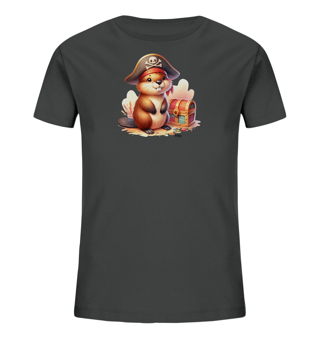 Onlineshop Shirts fuer Kinder - Das Bild zeigt ein dunkelgraues Kinder-T-Shirt mit einer Illustration auf der Vorderseite. Die Grafik stellt ein niedliches Nagetier dar, das eine Piratenmuetze traegt und neben einer geoeffneten Schatzkiste voller Goldmuenzen sitzt. Das Design hat einen verspielten Charakter und zeigt Details wie die Piratenfahne auf dem Hut und den Inhalt der Truhe. Es ist ein freundliches und abenteuerliches Motiv fuer Kinder.