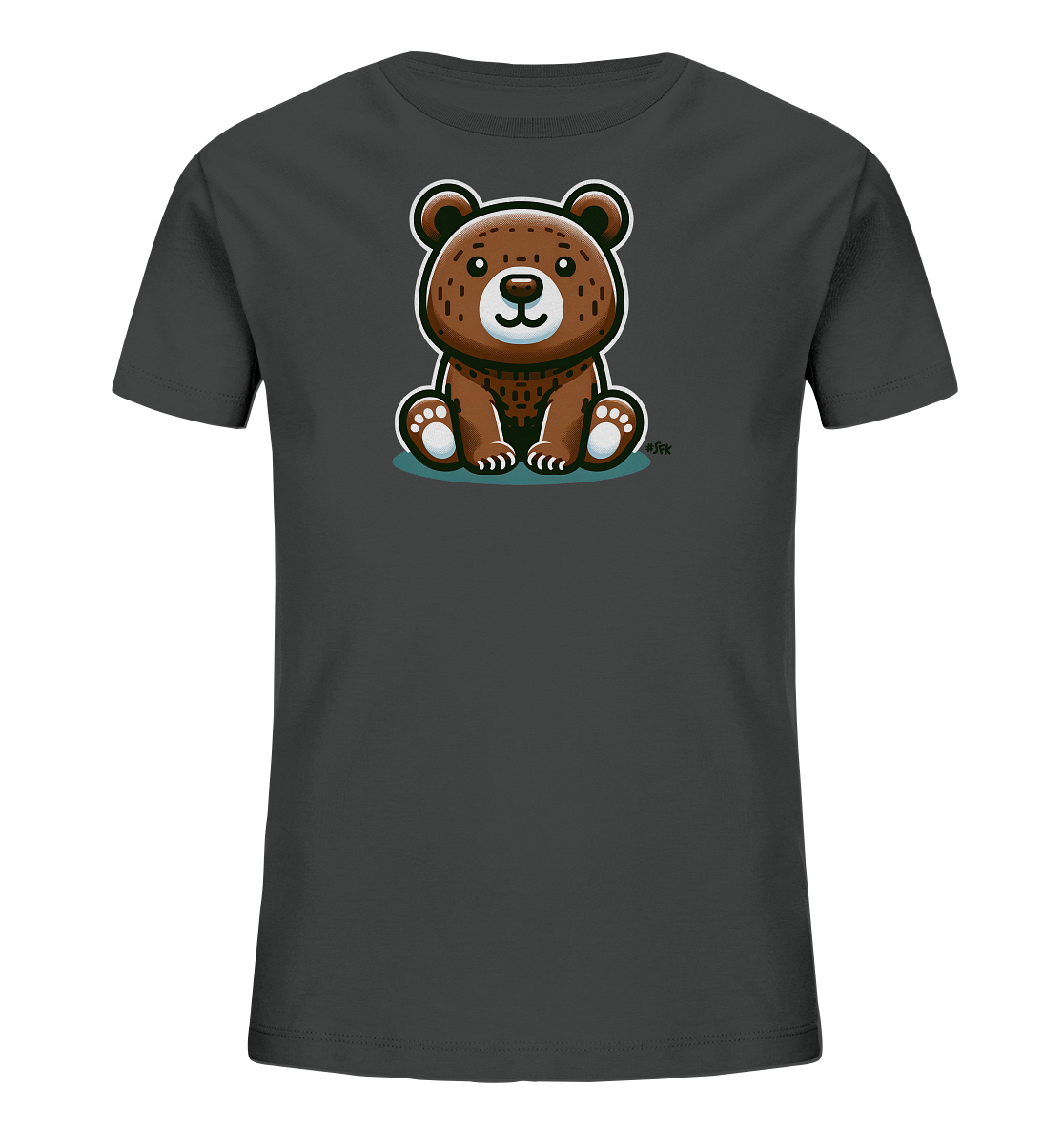 Onlineshop Shirts fuer Kinder - Das Bild zeigt ein dunkelgraues Kinder-T-Shirt mit einer niedlichen Baerengrafik auf der Vorderseite. Der cartoonartige Baer ist braun und sitzt aufrecht. Er hat grosse Ohren, ein freundliches Laecheln und ein detailreiches Fellmuster. Das Motiv wirkt freundlich und verspielt, ideal fuer Kinder.