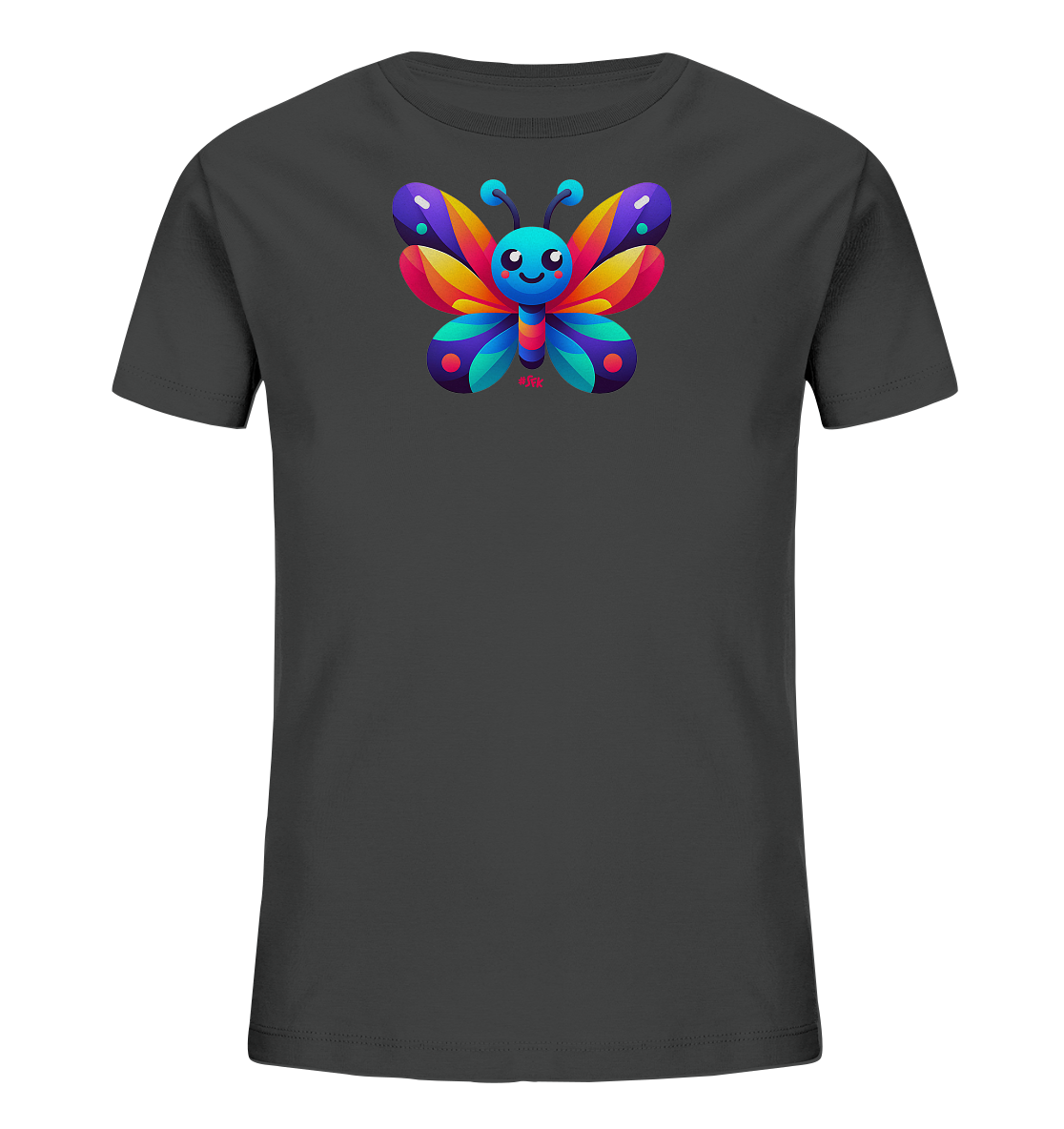 Onlineshop Shirts fuer Kinder - Das Bild zeigt ein dunkelgraues T-Shirt fuer Kinder. Auf der Vorderseite ist eine bunte Illustration eines laechelnden Schmetterlings zu sehen. Der Schmetterling hat Fluegel in leuchtenden Farben wie Lila, Orange, Gelb, Gruen und Blau mit farbigen Punkten. Das Design wirkt sehr froehlich und kinderfreundlich.