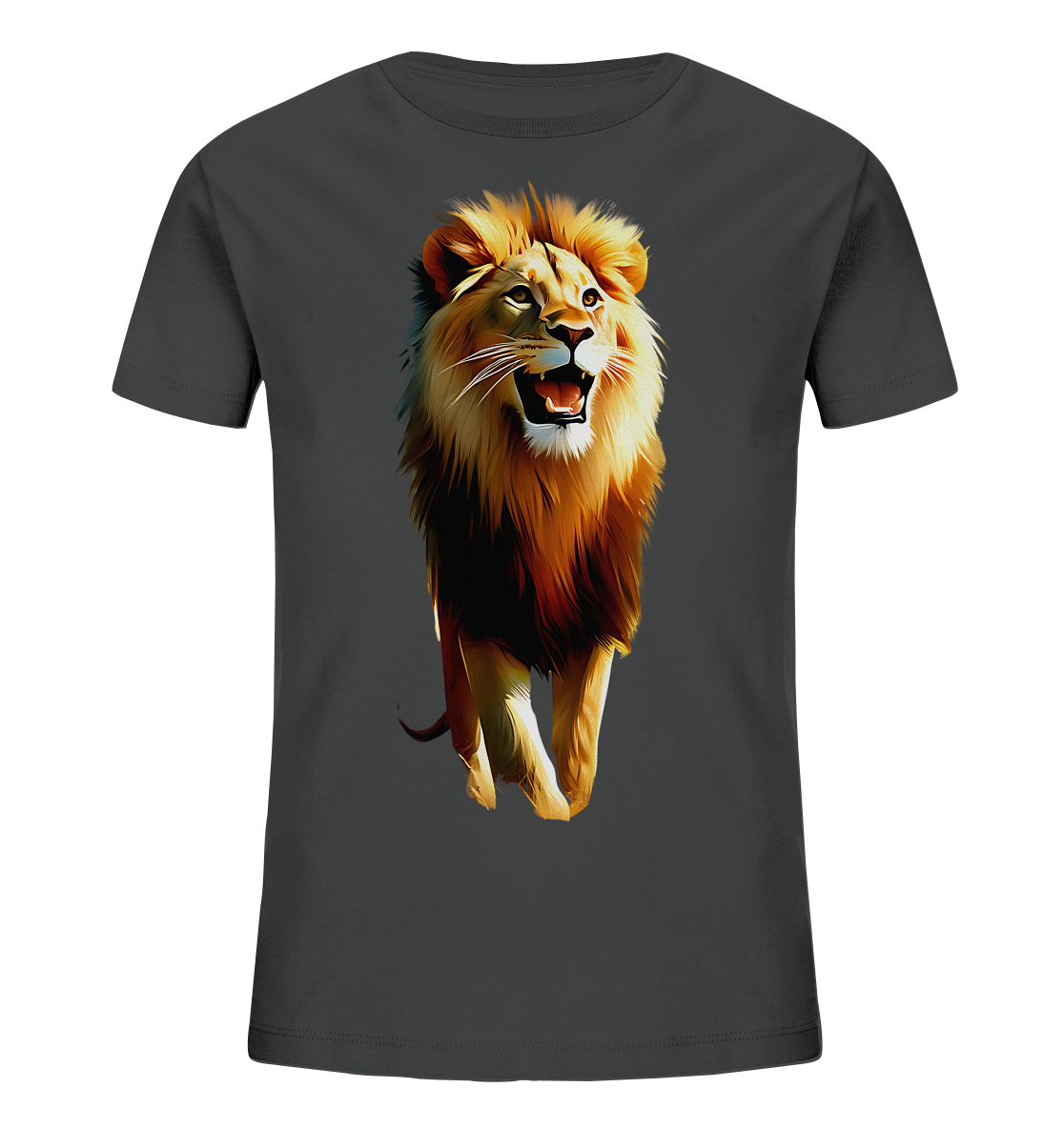 Onlineshop Shirts fuer Kinder - Das Bild zeigt ein dunkles T-Shirt mit einem detailreichen Druck auf der Vorderseite. Der Druck stellt einen stehenden Loewen mit geoeffnetem Maul und voller Maehne dar. Die Illustration in warmen Farbtoenen verleiht dem Motiv eine kraftvolle Ausstrahlung. Es ist ein auffaelliges Design fuer Kinder.