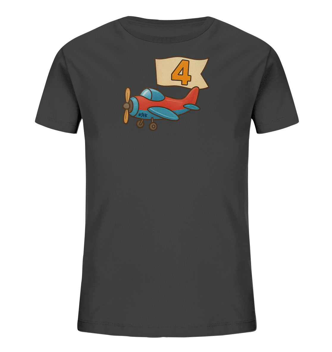 Onlineshop Shirts fuer Kinder - Das Bild zeigt ein dunkelgraues T-Shirt fuer Kinder mit einem bunten Motiv auf der Vorderseite. Es ist eine Illustration eines kleinen, roten und blauen Flugzeugs mit Propeller und Raedern. Über dem Flugzeug schwebt ein beigefarbenes Banner mit der grossen orangen Zahl '4'. Das Design wirkt verspielt und thematisch passend fuer junge Flugzeugfans.