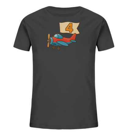 Kinder T-Shirt mit rotem und blauem Flugzeug, Banner und Zahl 4